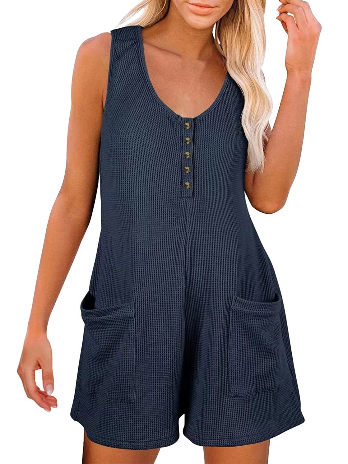 Full Size Pocketed Scoop Neck Sleeveless Romper - AMIN Clothing 