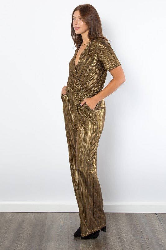 Be Stage Surplice Short Sleeve Pleated Foil Jumpsuit - AMIN Clothing 