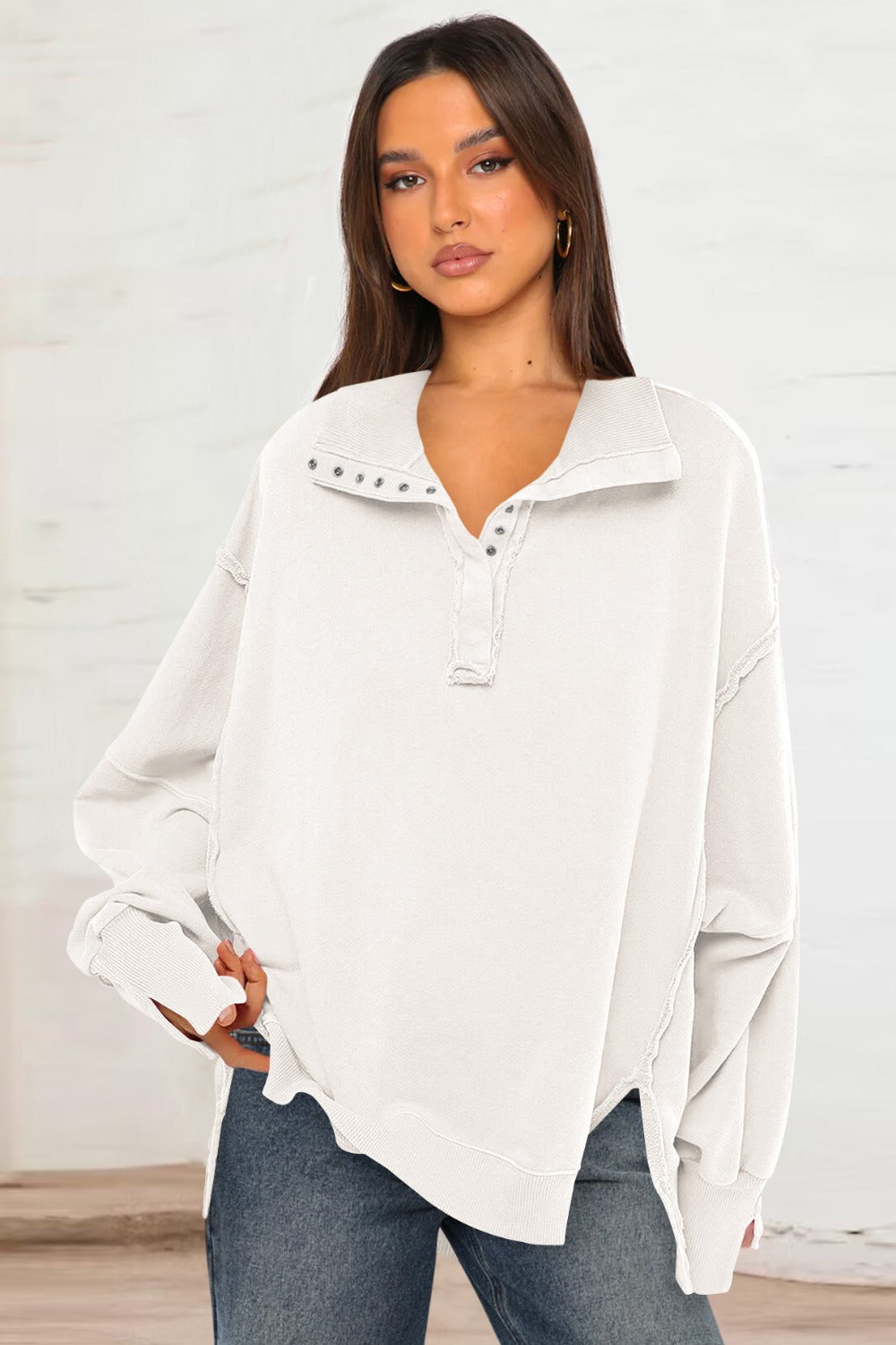 Exposed Seam Side Slit Long Sleeve Sweatshirt - AMIN Clothing 