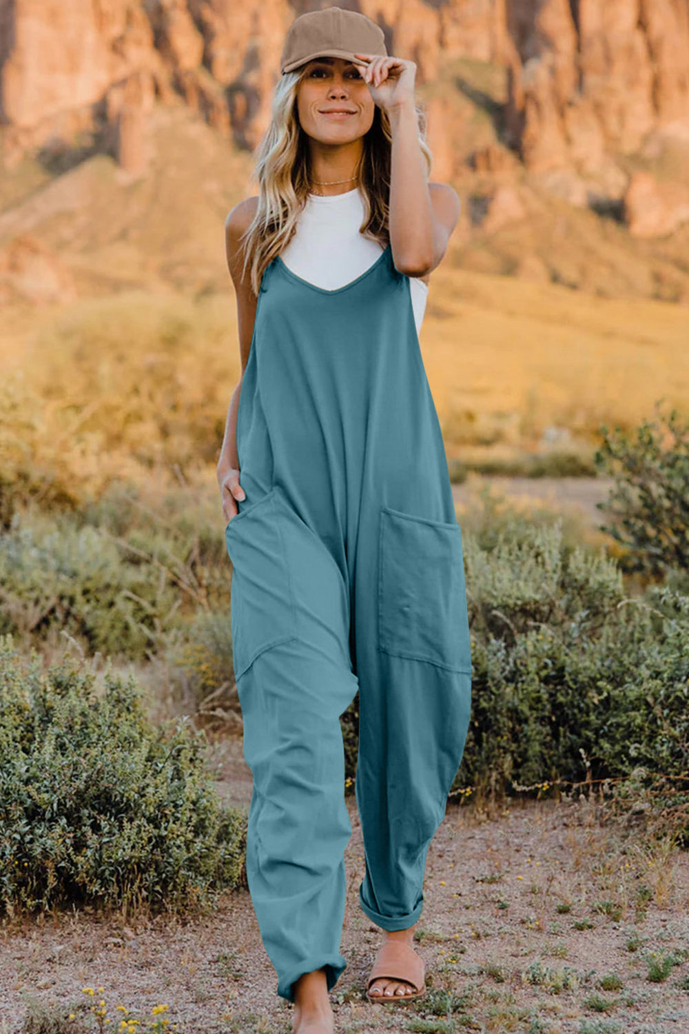 Double Take Full Size V-Neck Sleeveless Jumpsuit with Pockets - AMIN Clothing 