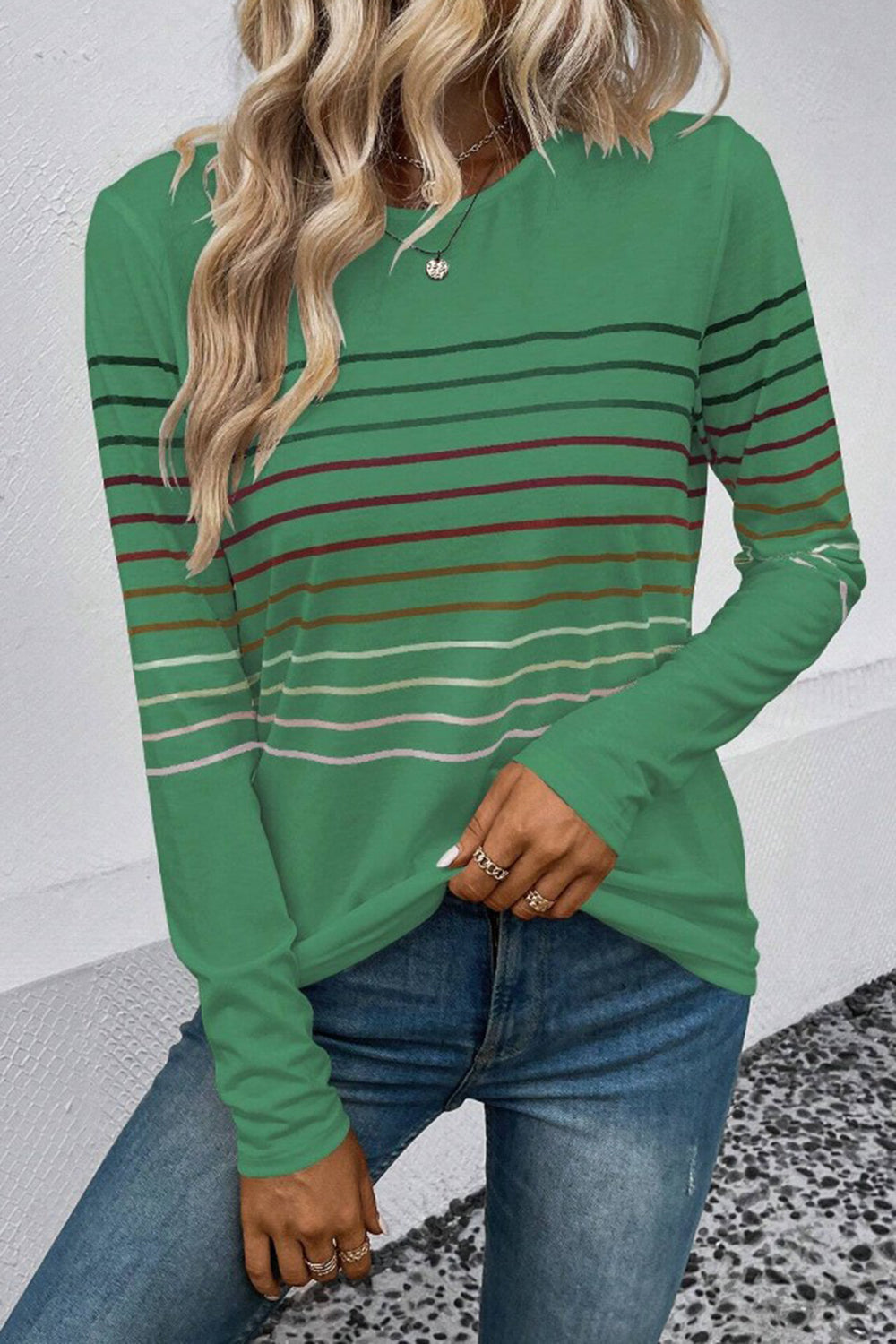 Striped Round Neck Long Sleeve T-Shirt - AMIN Clothing 