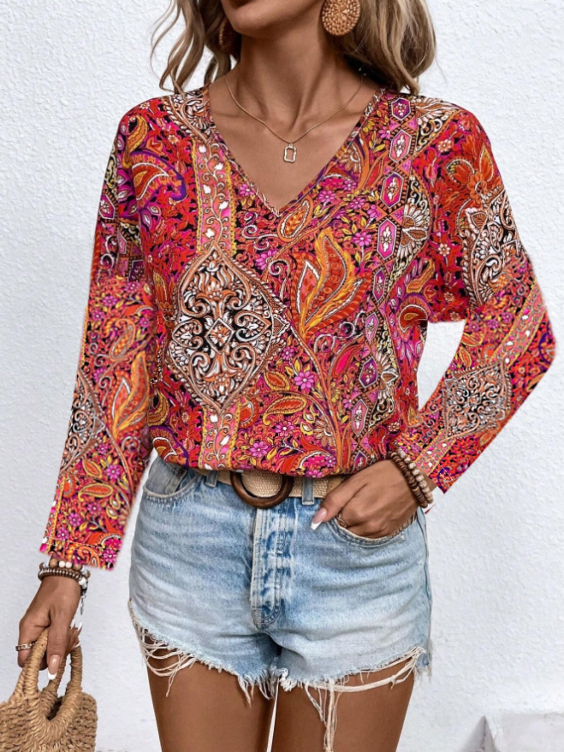 Printed V-Neck Long Sleeve Blouse - AMIN Clothing 