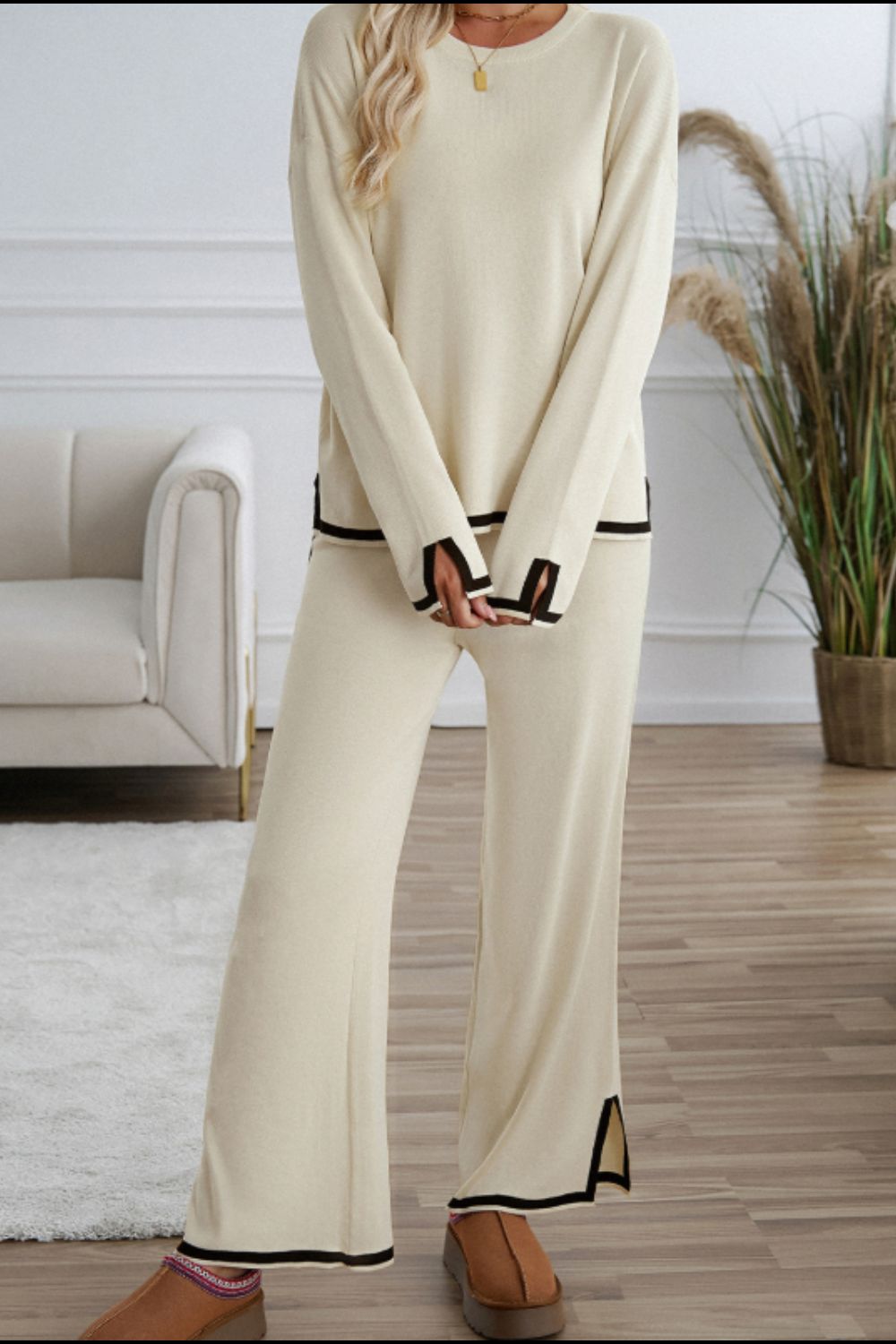 Contrast Trim Round Neck Top and Pants Sweater Set - AMIN Clothing 