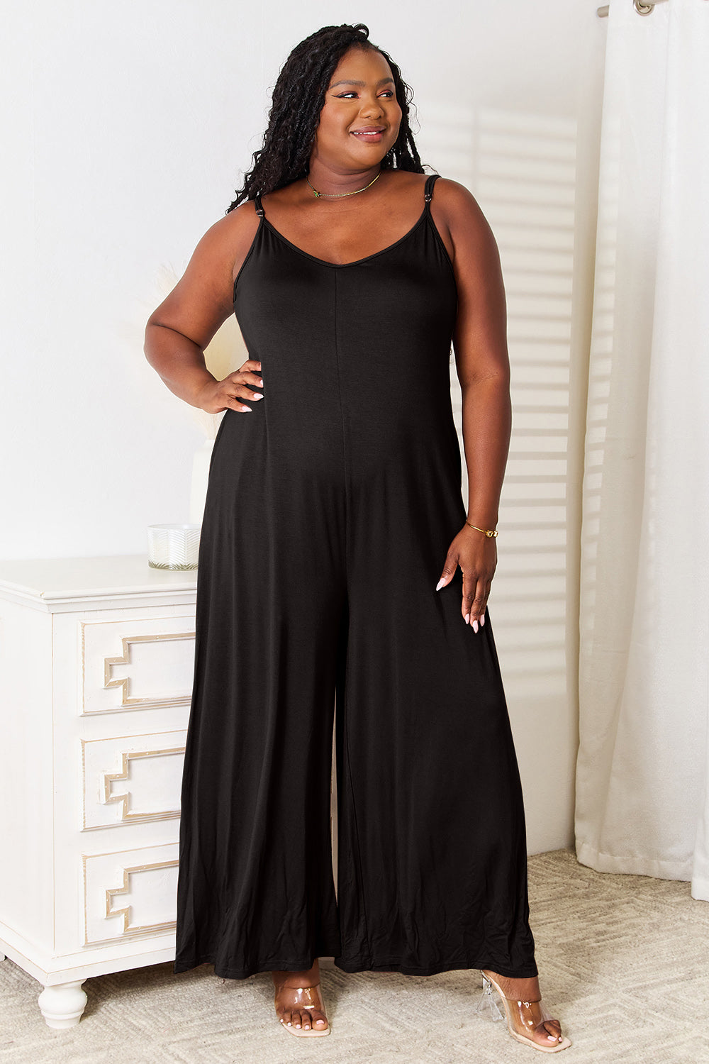 Double Take Full Size Soft Rayon Spaghetti Strap Tied Wide Leg Jumpsuit - AMIN Clothing 