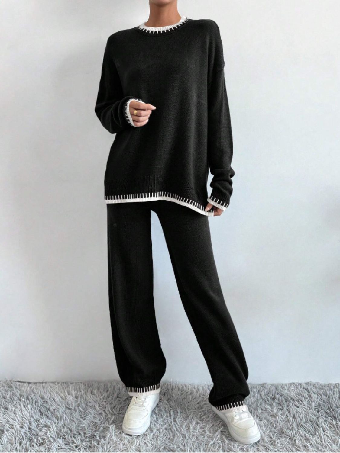 Side Slit Contrast Trim Round Neck Top and Pants Sweater Set - AMIN Clothing 