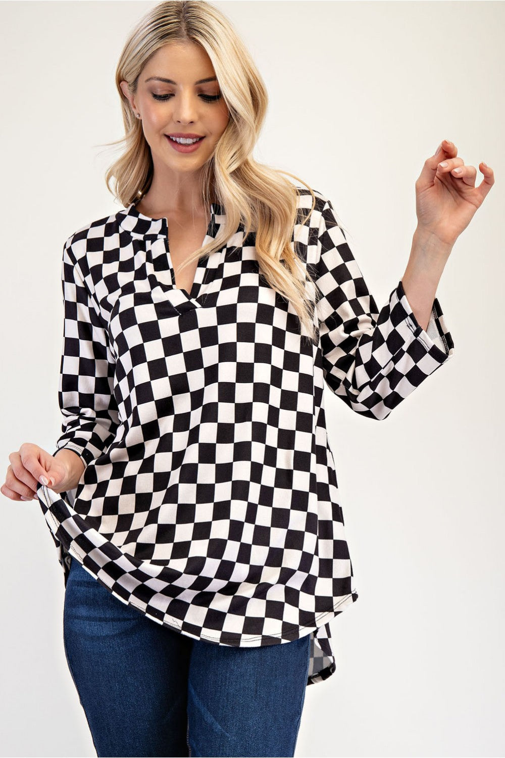 Celeste Full Size Curved Hem Checkered Notched Blouse - AMIN Clothing 