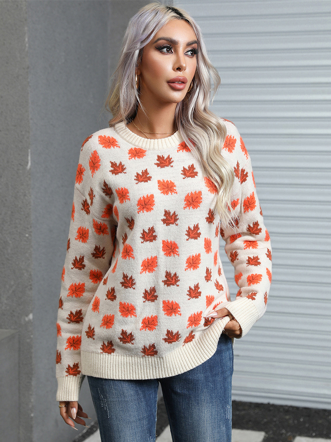 Angel Wings Maple Leaf Round Neck Long Sleeve Sweater - AMIN Clothing 