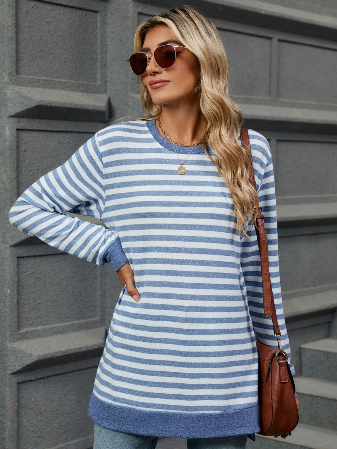 Striped Round Neck Long Sleeve T-Shirt - AMIN Clothing 