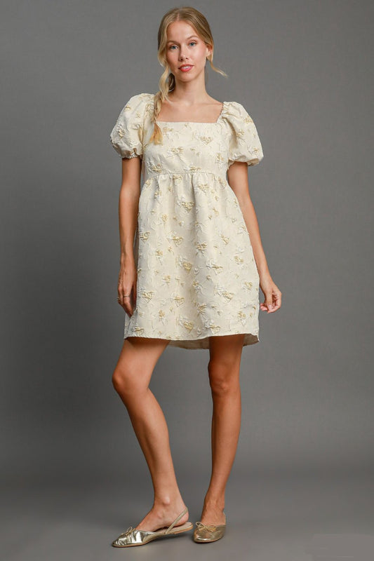 Umgee Heart Jacquard Square Neck Puff Sleeve Mini Dress - AMIN Clothing 