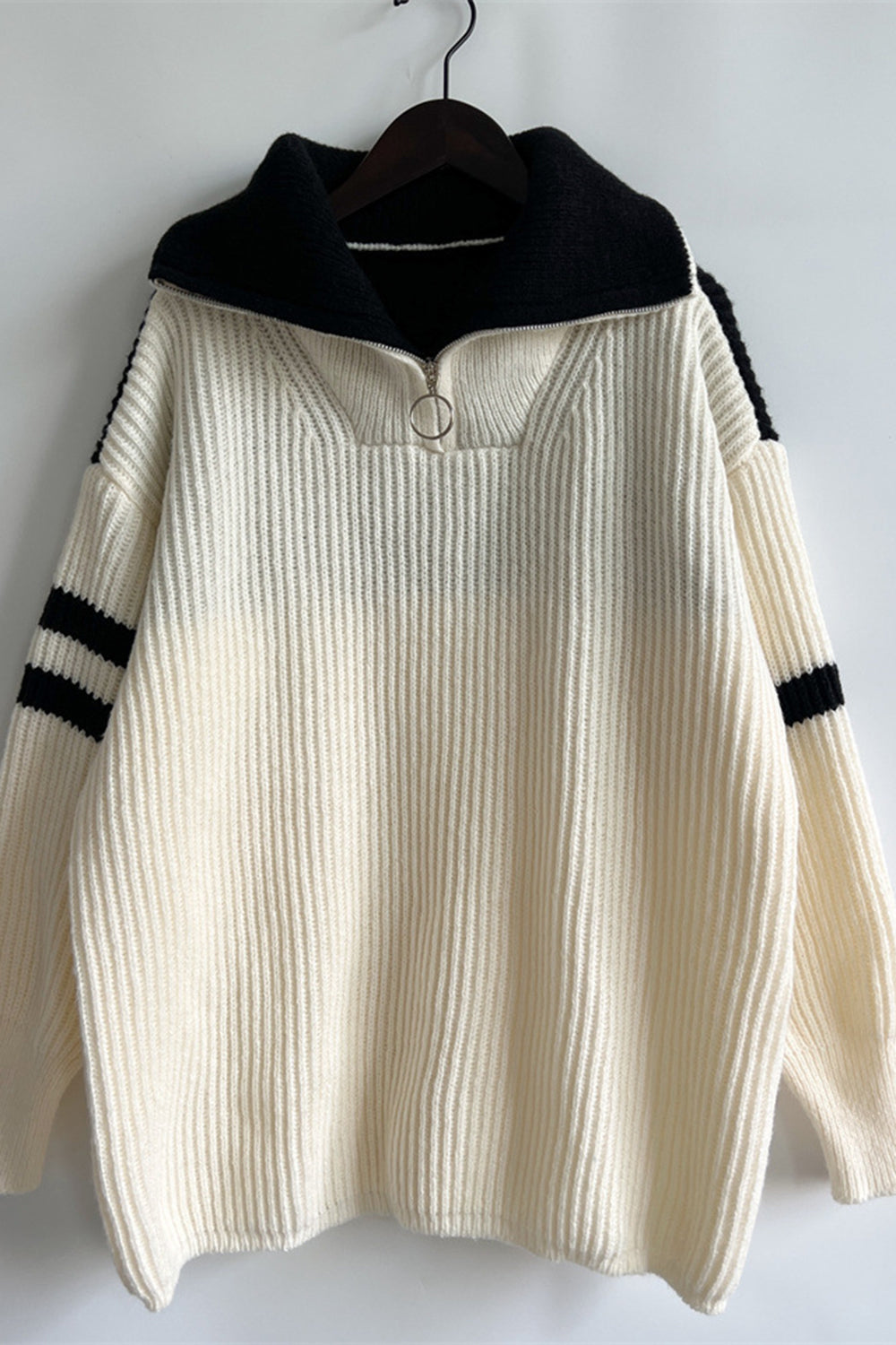 Quarter Zip Striped Dropped Shoulder Sweater - AMIN Clothing 