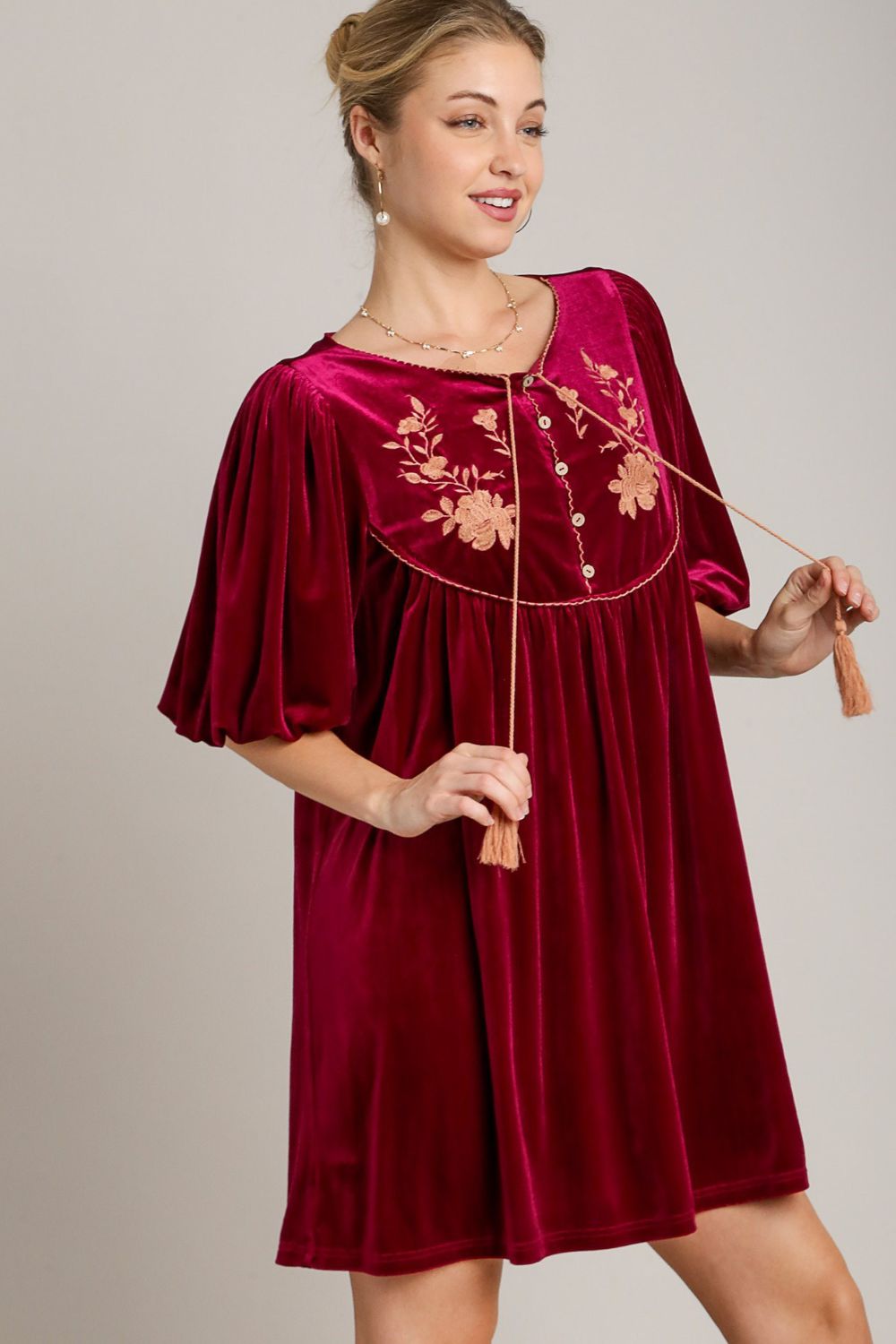 Umgee Embroidered Half Sleeve Velvet Mini Dress with Tassel - AMIN Clothing 