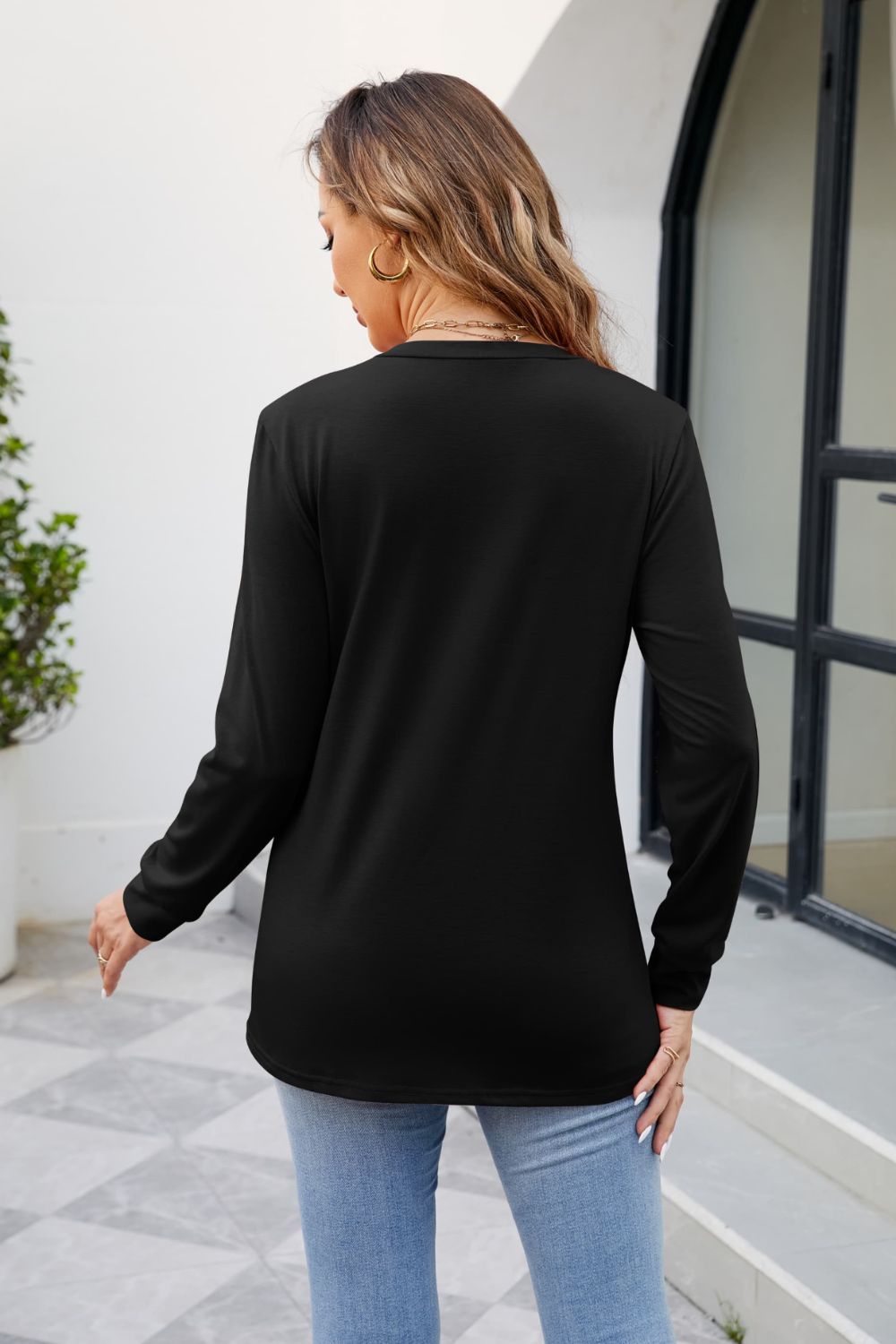 V-Neck Ruched Long Sleeve Blouse - AMIN Clothing 