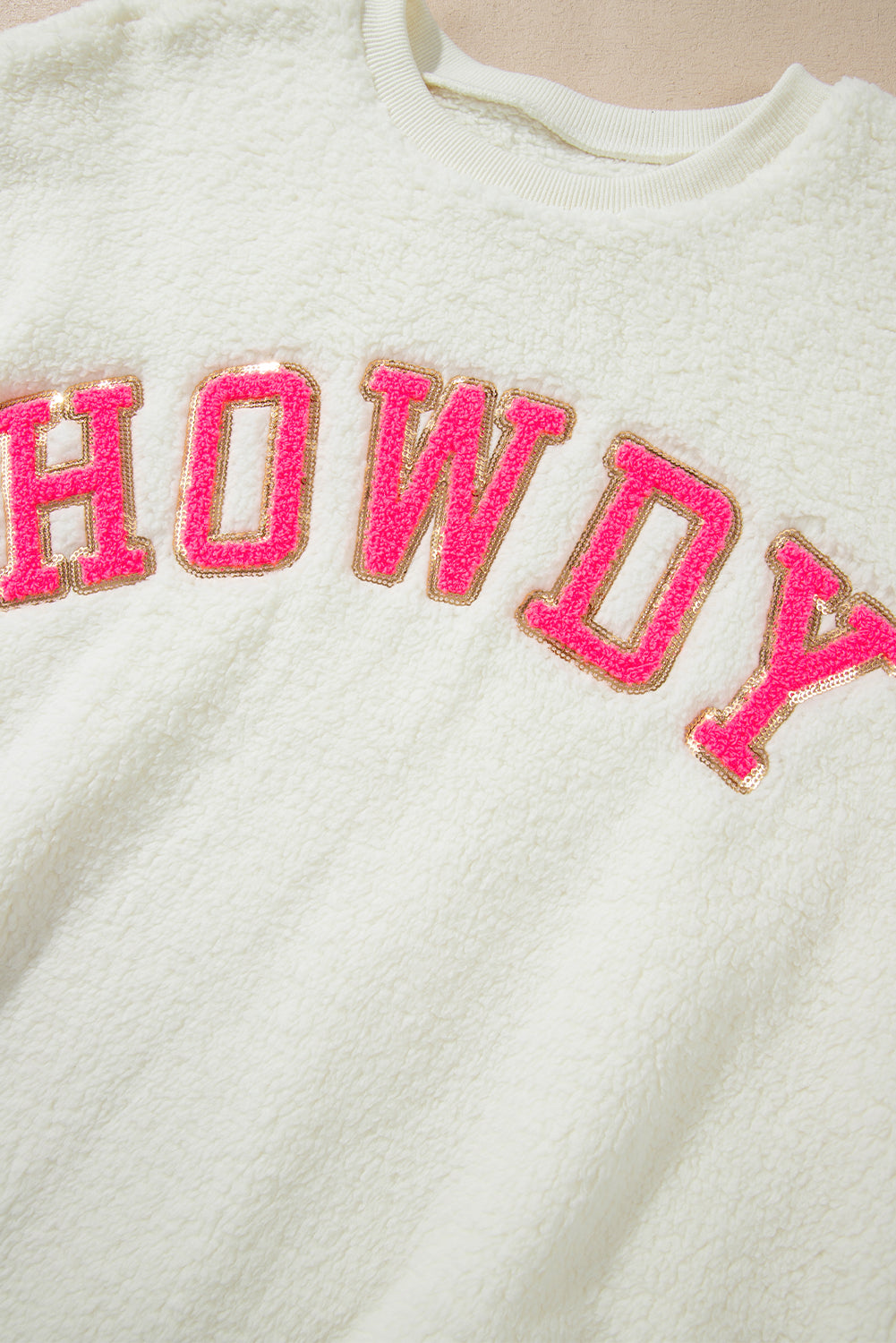 HOWDY Patched Round Neck Sherpa Sweatshirt - AMIN Clothing 