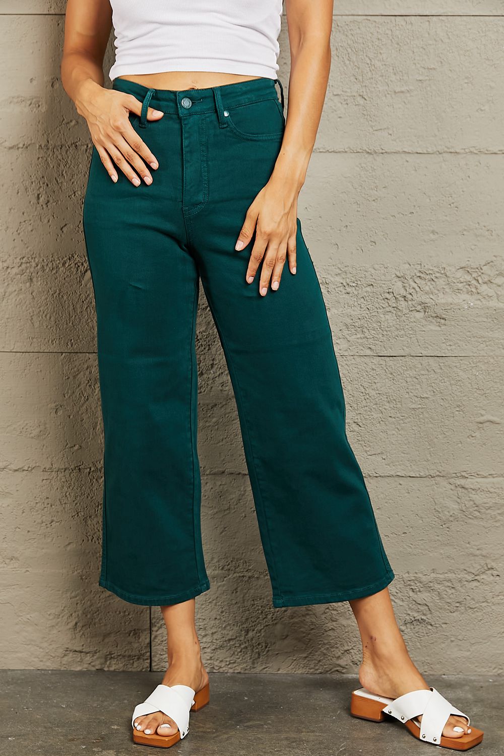 Judy Blue Hailey Full Size Tummy Control High Waisted Cropped Wide Leg Jeans - AMIN Clothing 