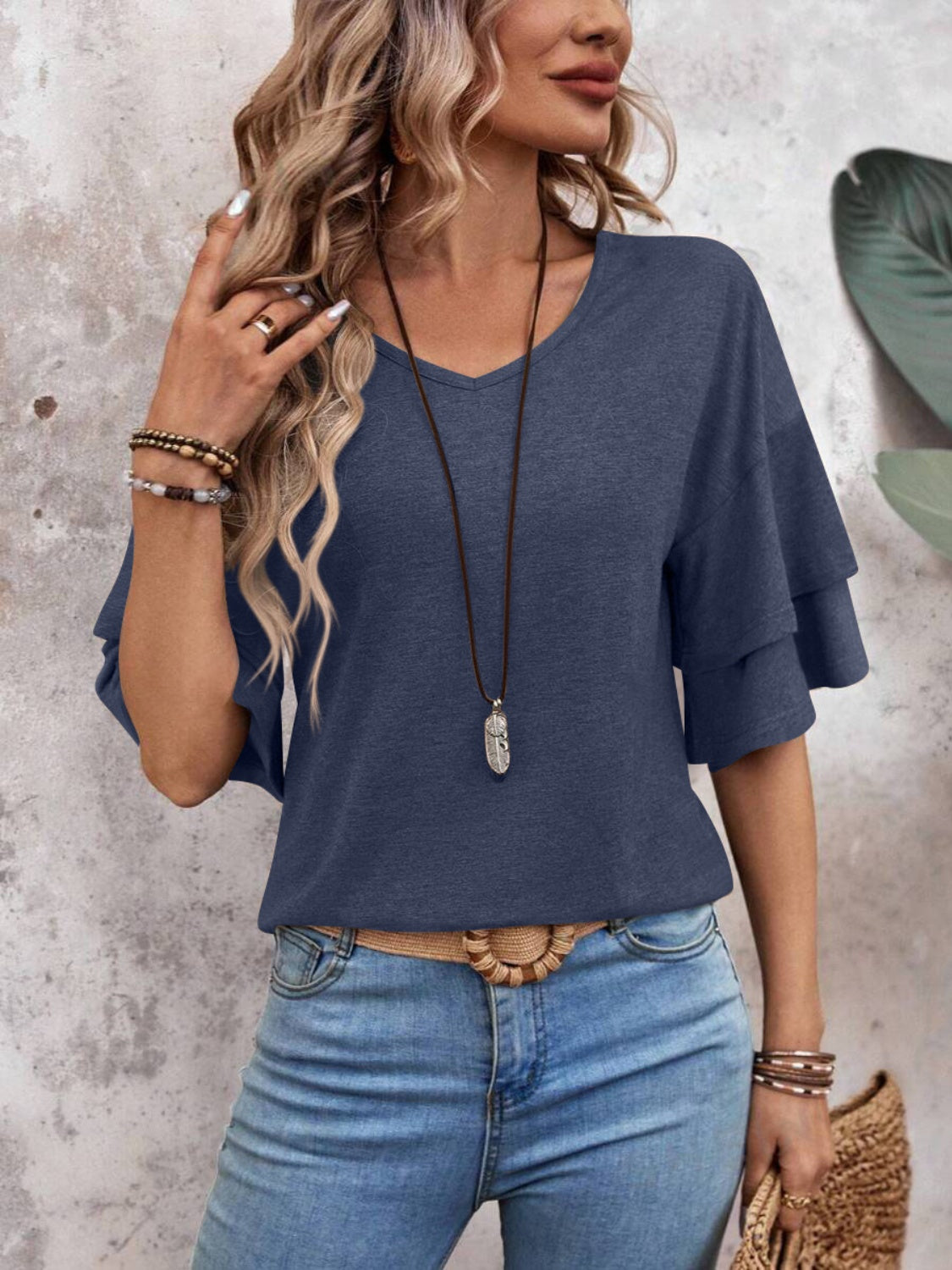 V-Neck Half Sleeve Blouse - AMIN Clothing 