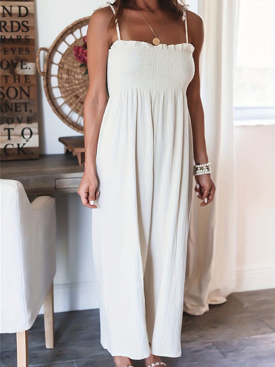 Full Size Smocked Spaghetti Strap Wide Leg Jumpsuit - AMIN Clothing 