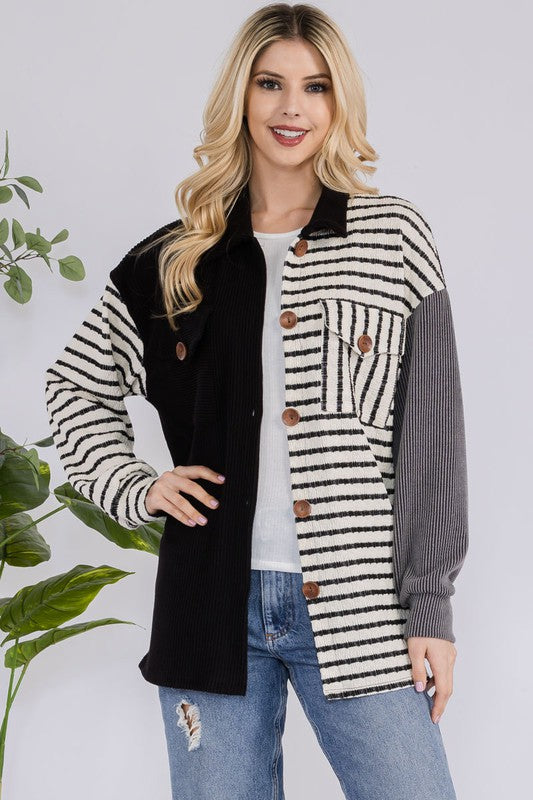 Celeste Full Size Striped Button Up Dropped Shoulder Shacket - AMIN Clothing 