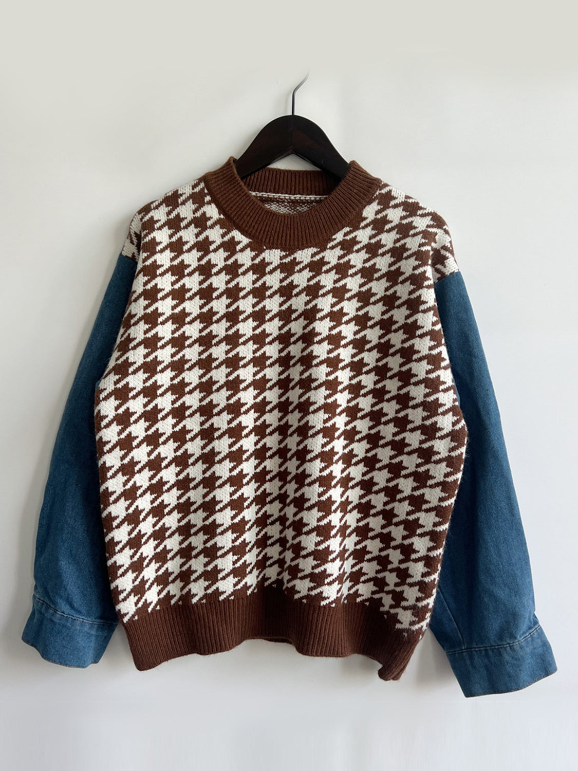 Houndstooth Denim Sleeve Sweater - AMIN Clothing 