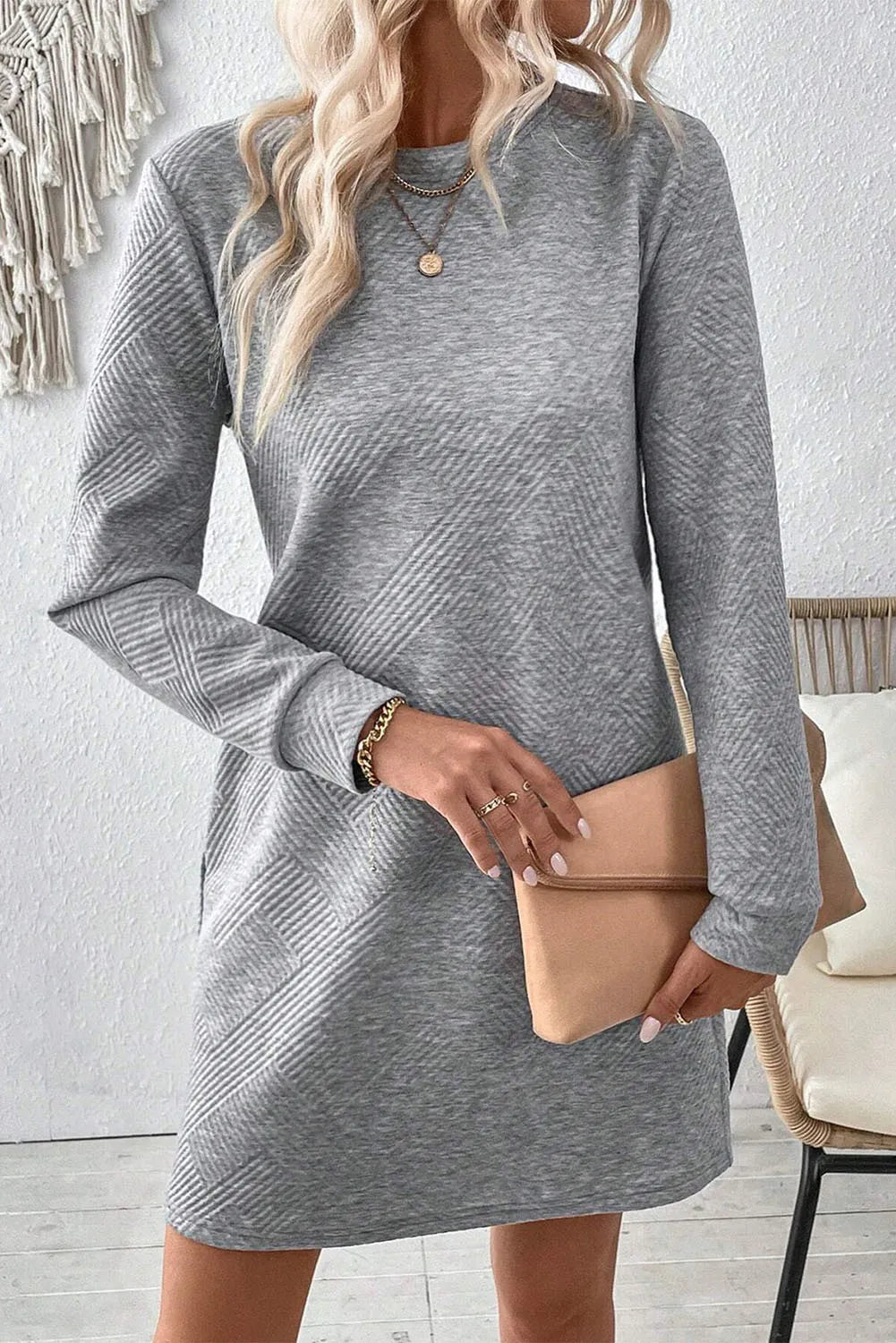 Textured Round Neck Long Sleeve Mini Dress - AMIN Clothing 