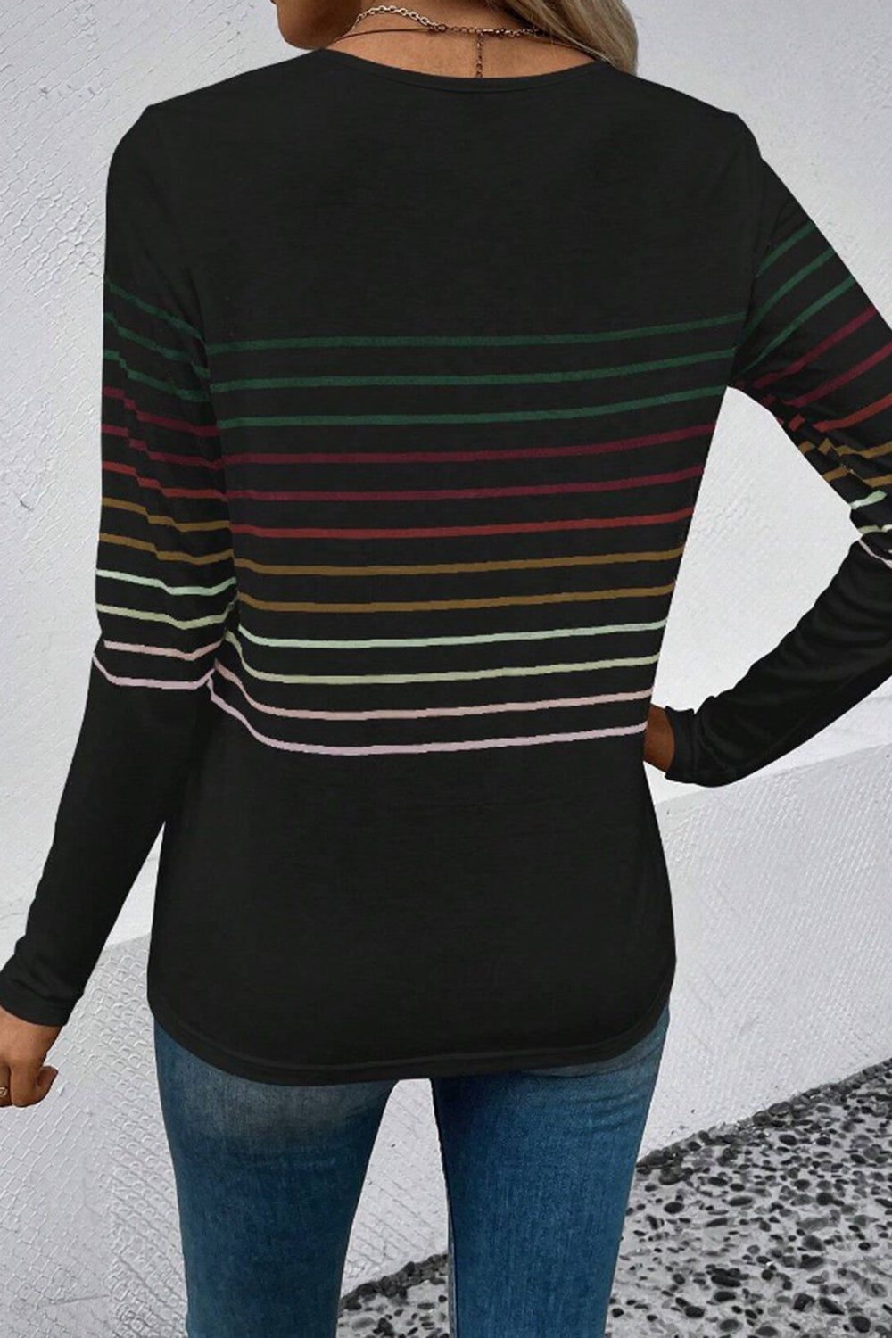 Striped Round Neck Long Sleeve T-Shirt - AMIN Clothing 