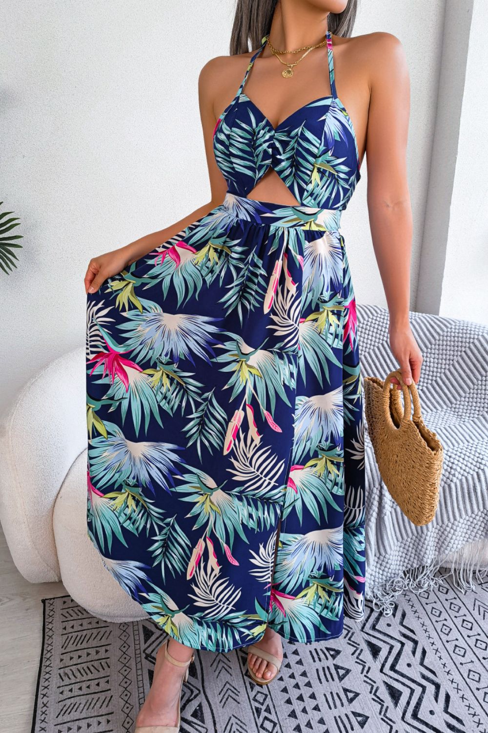 Botanical Print Tied Backless Cutout Slit Dress - AMIN Clothing 