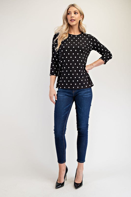 Celeste Full Size Polka Dot Round Neck Three-Quarter Sleeve T-Shirt - AMIN Clothing 