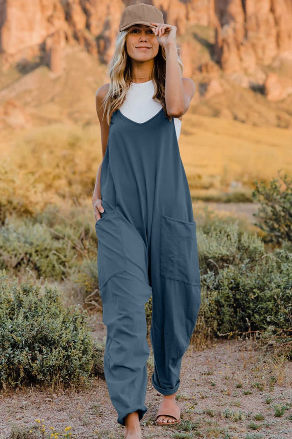 Double Take Full Size V-Neck Sleeveless Jumpsuit with Pockets - AMIN Clothing 