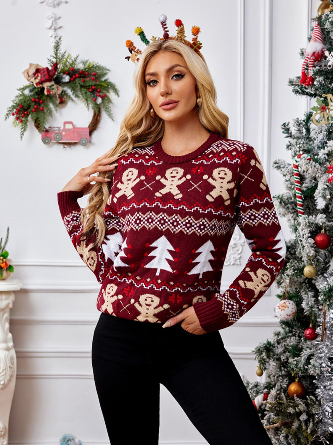 Gingerbread Round Neck Long Sleeve Sweater - AMIN Clothing 