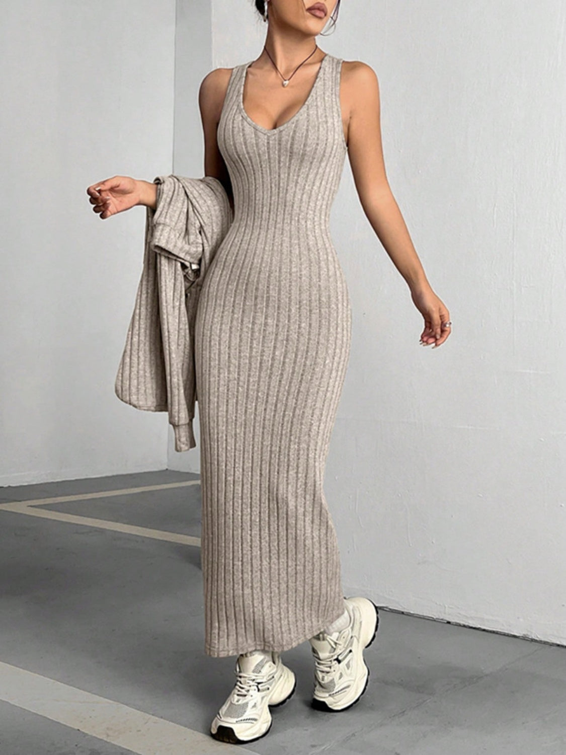 Ribbed Cropped Hooded Top and V-Neck Tank Dress Set - AMIN Clothing 