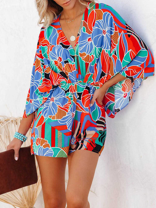 Tied Printed Kimono Sleeve Romper - AMIN Clothing 