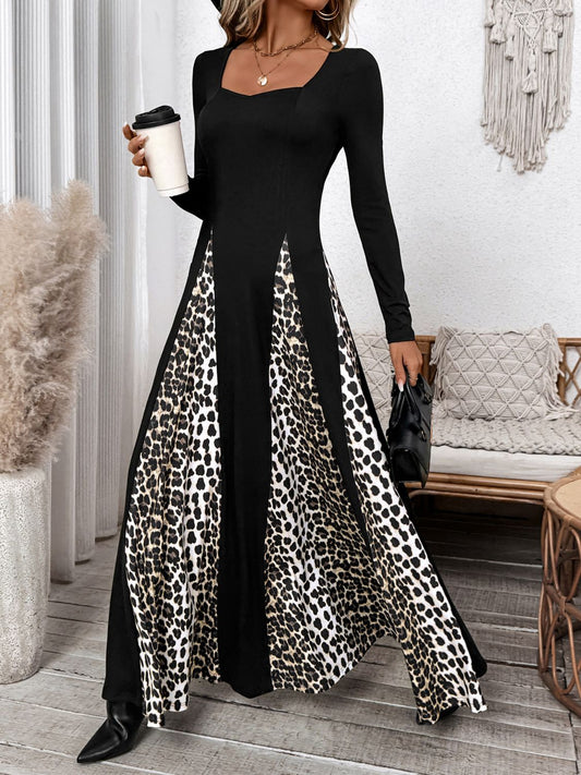 Perfee Leopard Square Neck Long Sleeve Maxi Dress - AMIN Clothing 