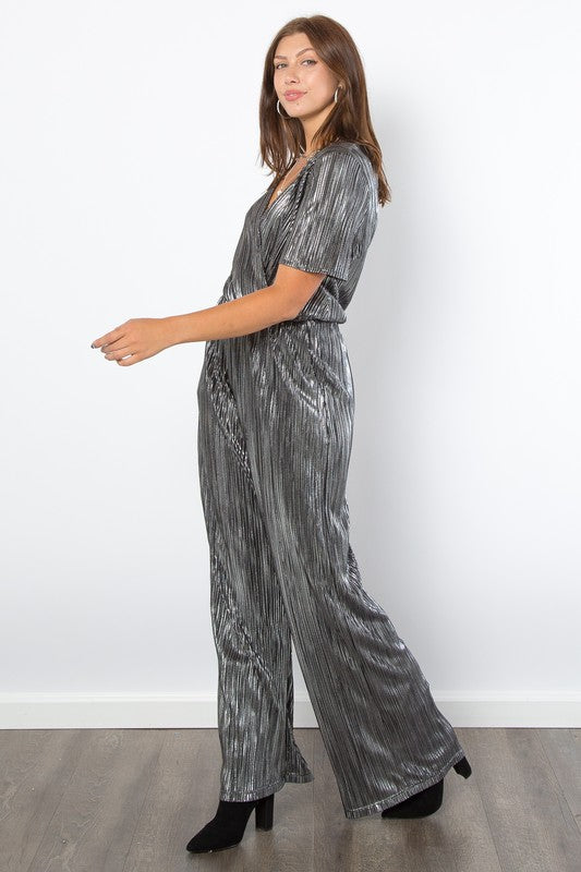 Be Stage Surplice Short Sleeve Pleated Foil Jumpsuit - AMIN Clothing 