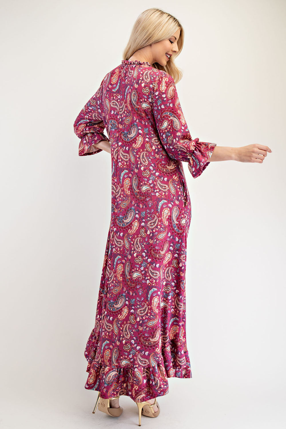 Celeste Full Size Ruffle Hem Paisley Round Neck Dress - AMIN Clothing 