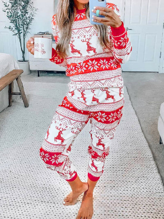 Full Size Christmas Element Round Neck Top and Pants Set - AMIN Clothing 