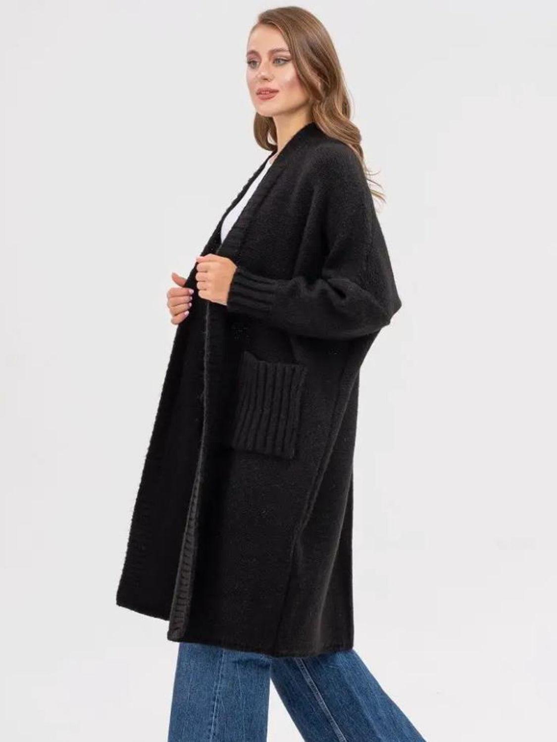 Pocketed Open Front Long Sleeve Longline Cardigan - AMIN Clothing 