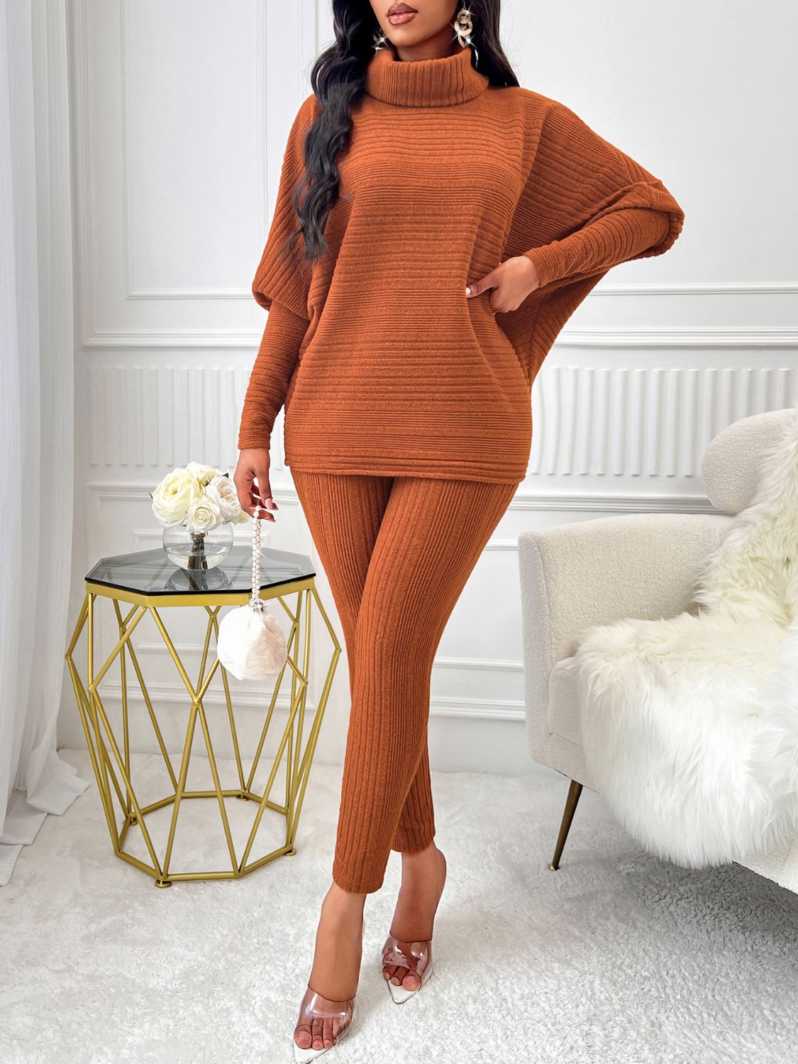 Turtleneck Batwing Sleeve Top and Pants Set - AMIN Clothing 