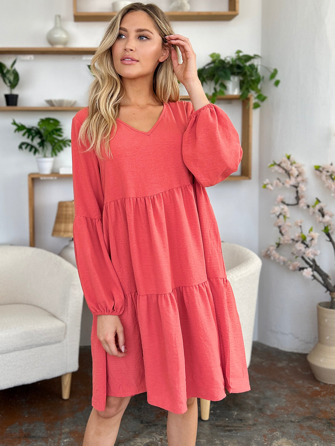 Double Take Full Size V-Neck Balloon Sleeve Tiered Dress with Pockets - AMIN Clothing 