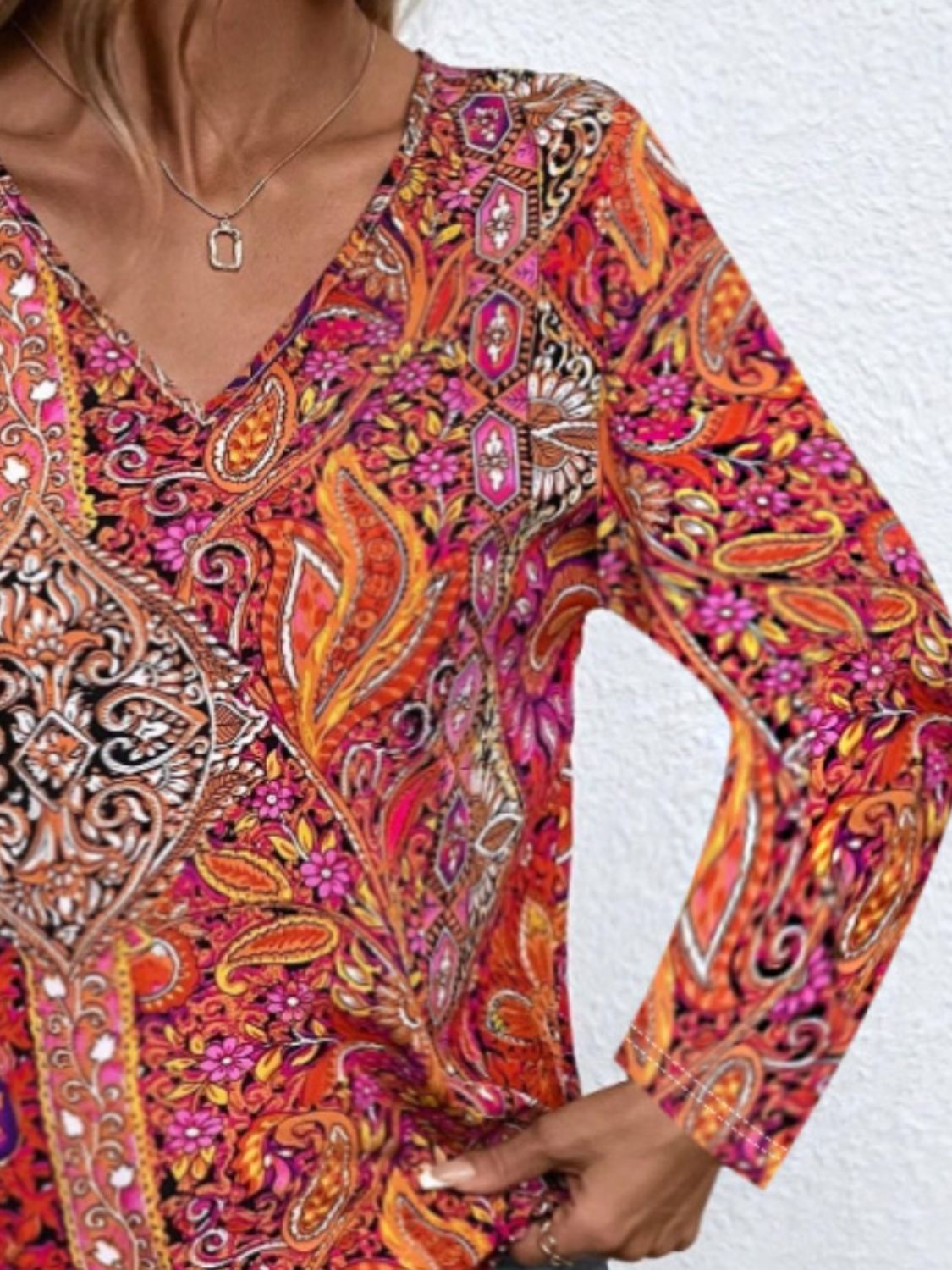 Printed V-Neck Long Sleeve Blouse - AMIN Clothing 