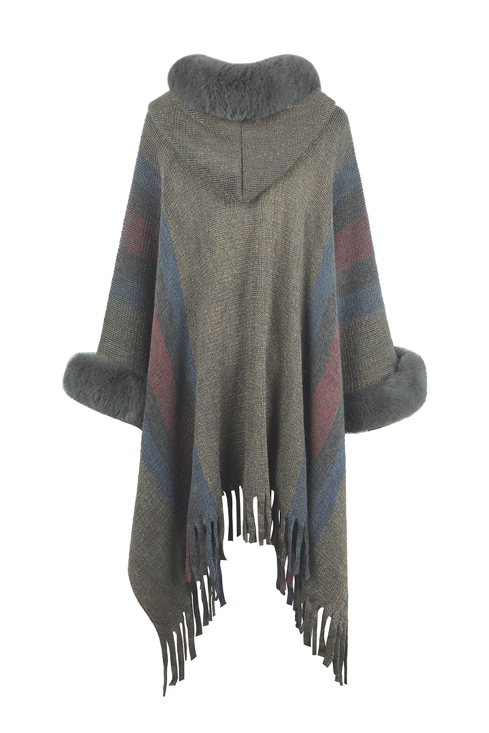 Color Block Fringe Detail Poncho - AMIN Clothing 