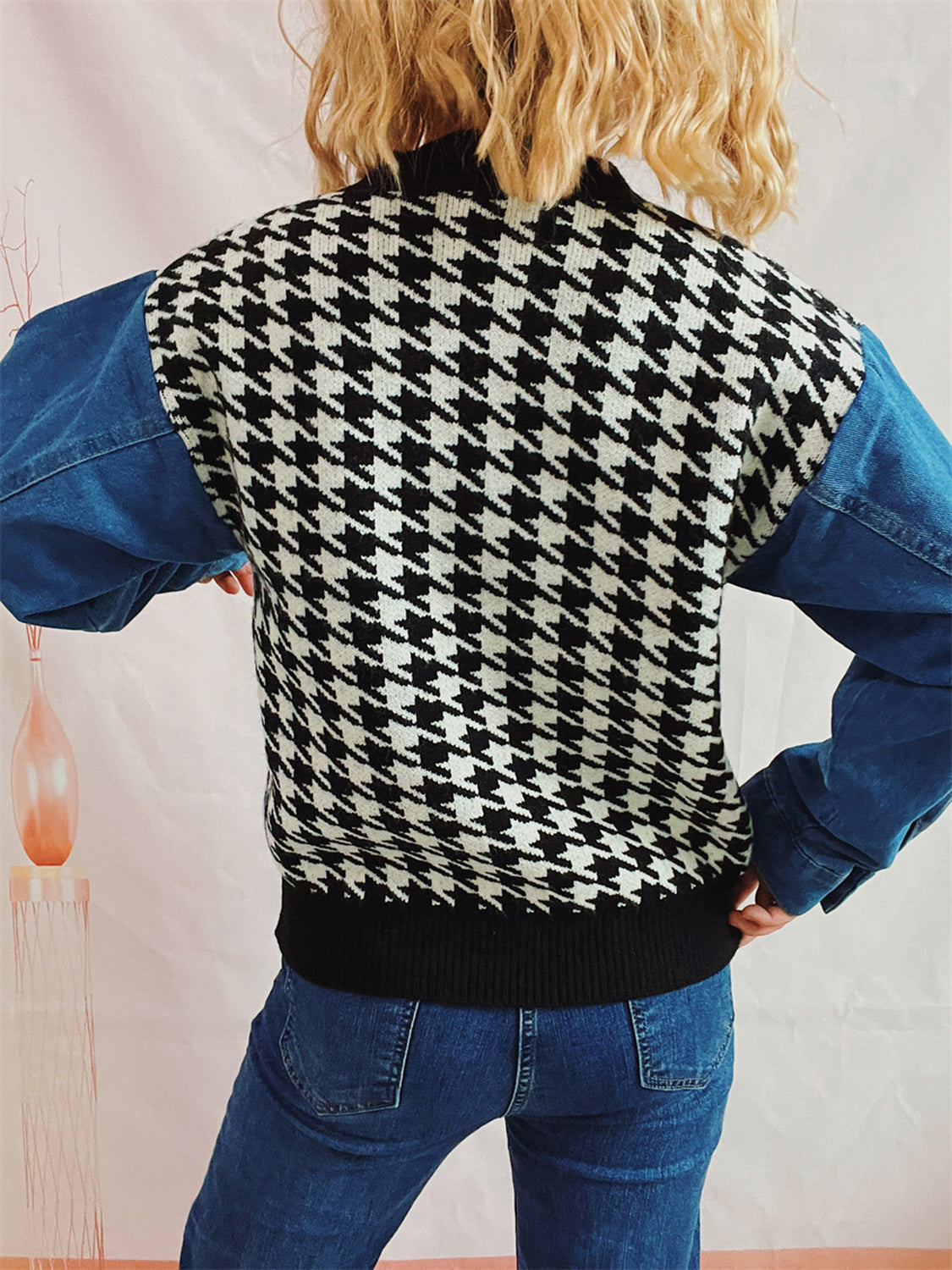 Houndstooth Denim Sleeve Sweater - AMIN Clothing 