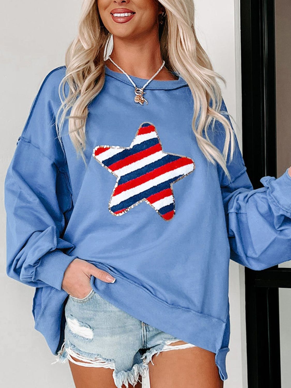 Star Patch Round Neck Long Sleeve Sweatshirt - AMIN Clothing 