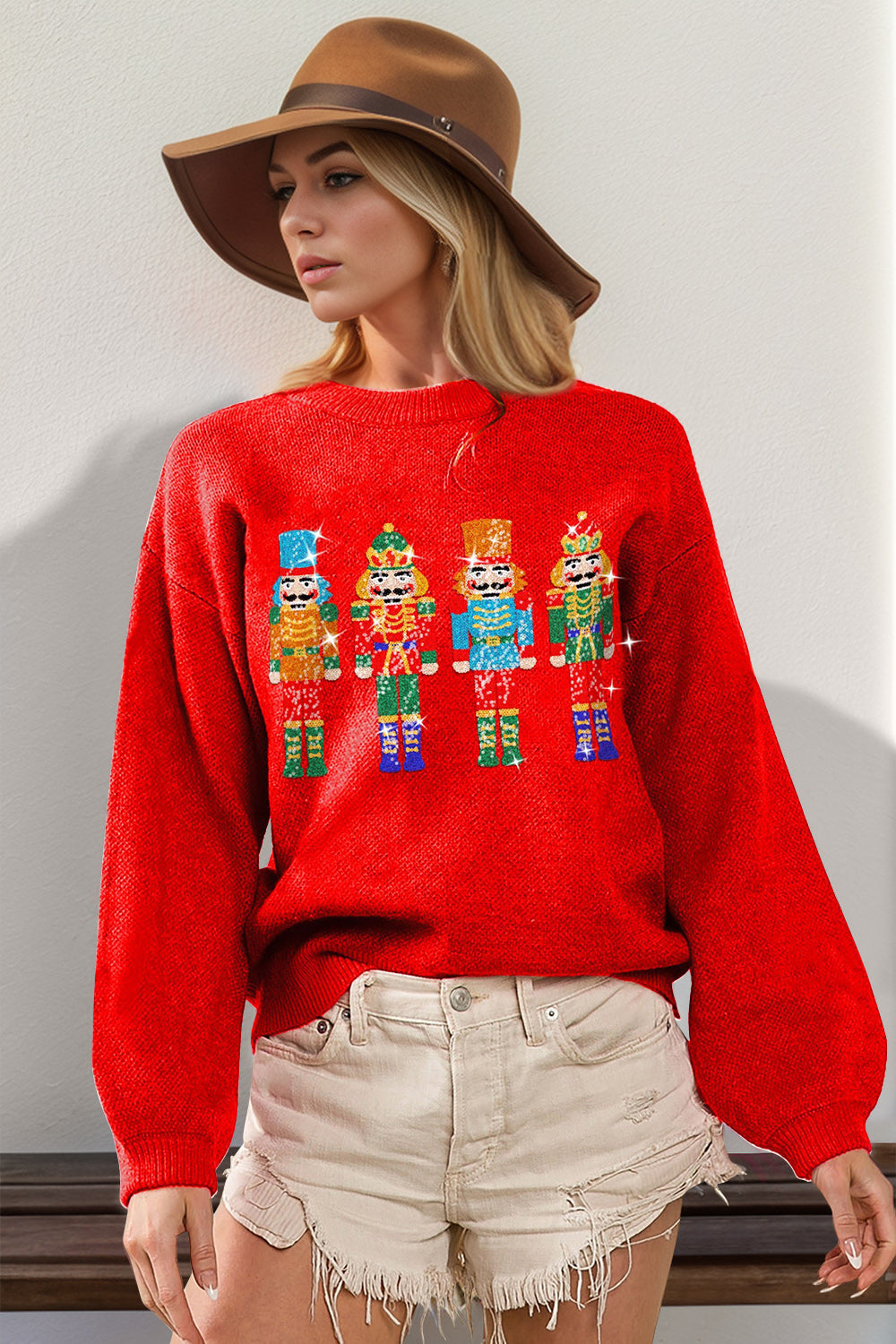 Double Take Full Size Sequin Nutcracker Long Sleeve Sweater - AMIN Clothing 