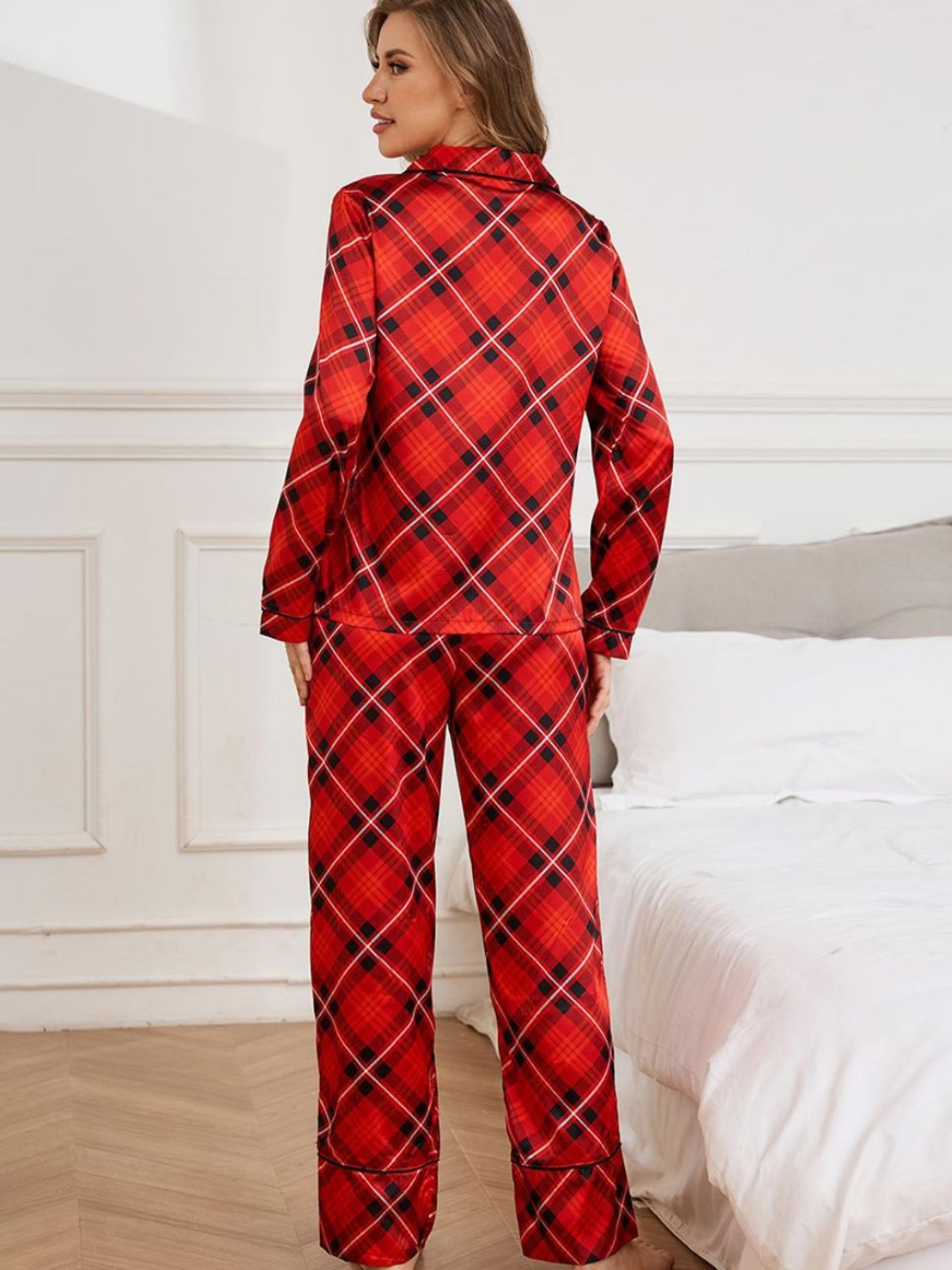 Plaid Button Up Long Sleeve Top and Pants Lounge Set - AMIN Clothing 