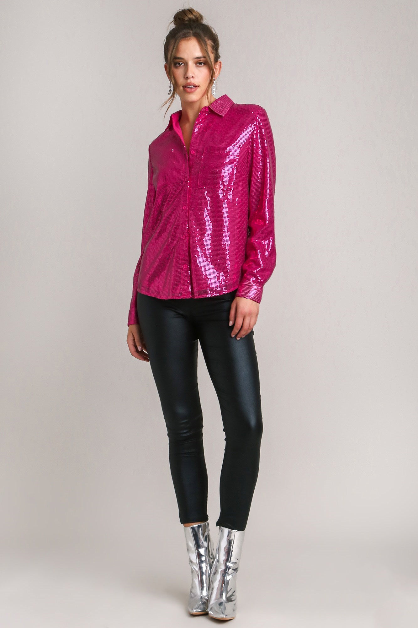 Umgee Sequin Long Sleeve Shirt with Side Chest Pocket - AMIN Clothing 