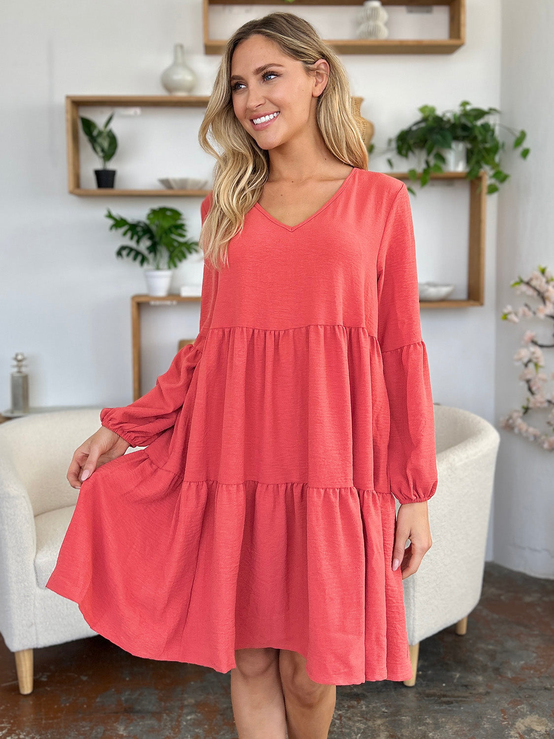 Double Take Full Size V-Neck Balloon Sleeve Tiered Dress with Pockets - AMIN Clothing 