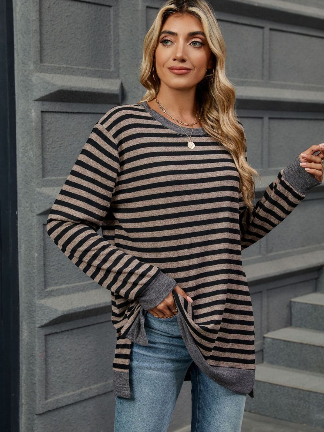 Striped Round Neck Long Sleeve T-Shirt - AMIN Clothing 