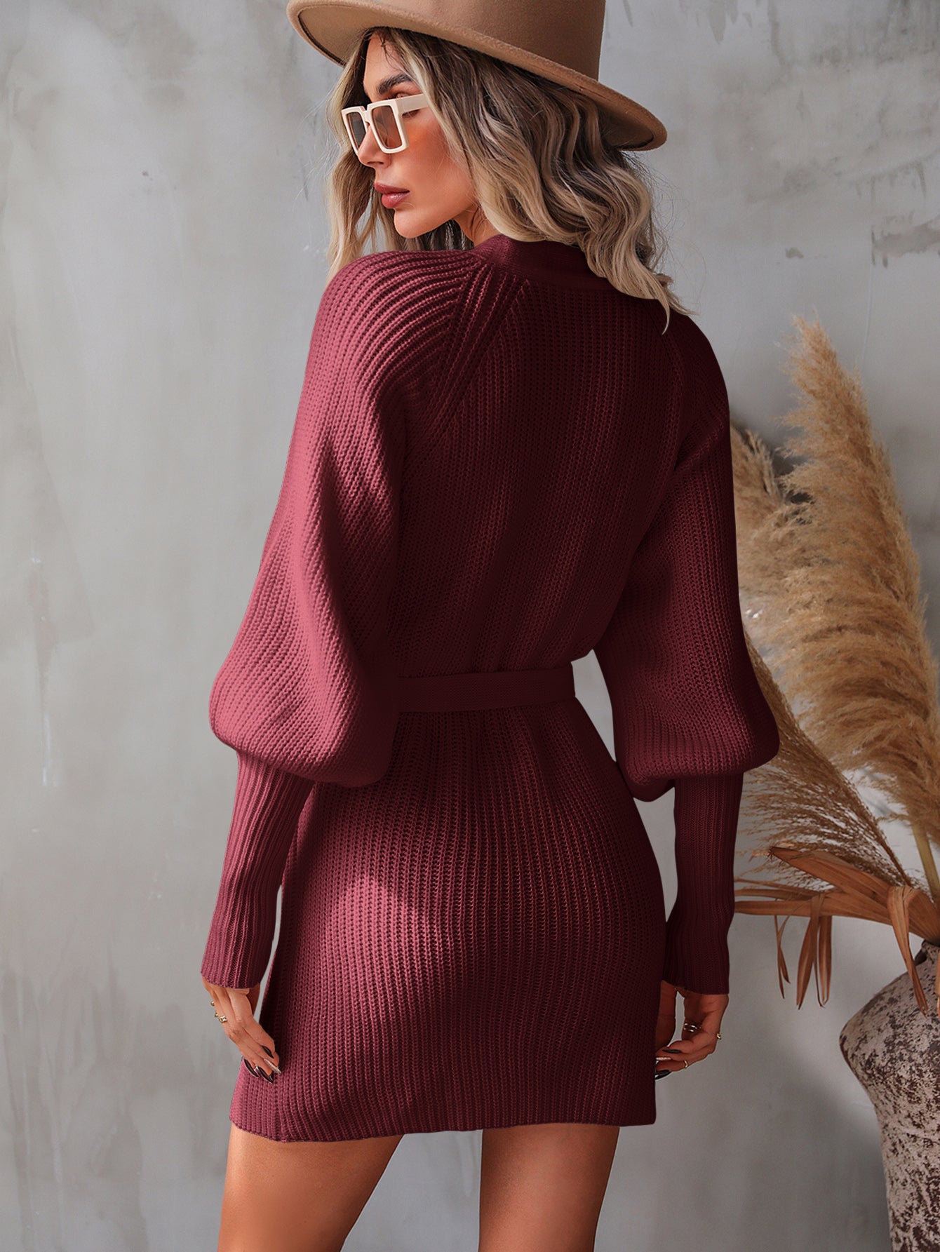 Belted Surplice Lantern Sleeve Wrap Sweater Dress - AMIN Clothing 