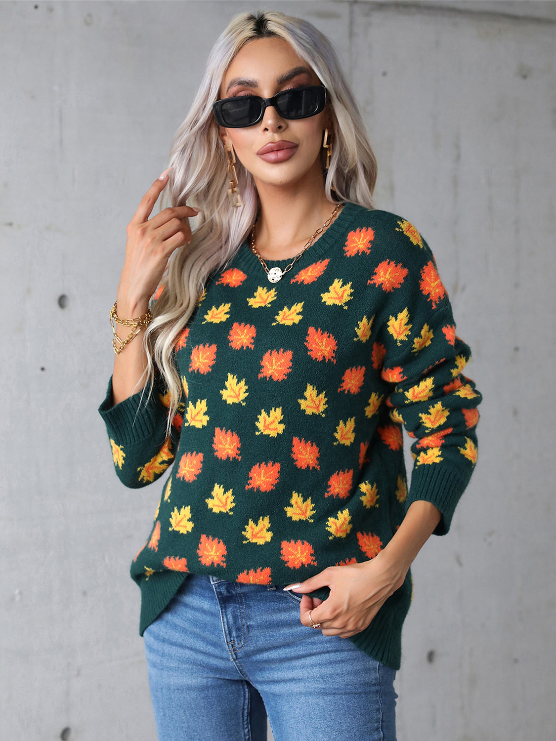 Angel Wings Maple Leaf Round Neck Long Sleeve Sweater - AMIN Clothing 