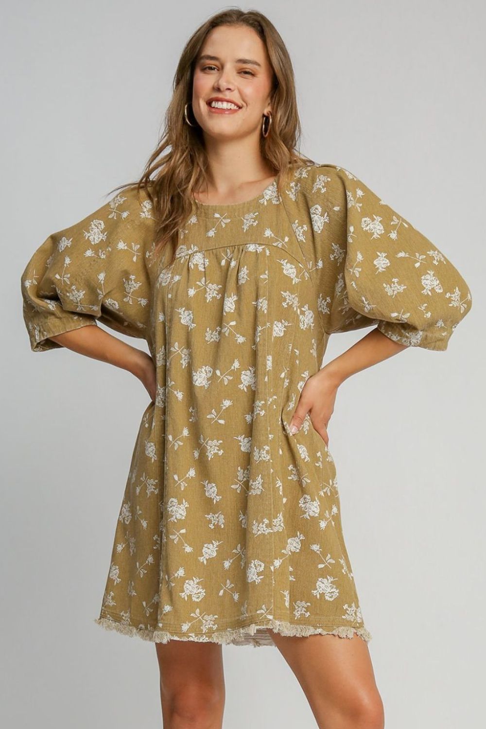 Umgee Raw Hem Floral Print Round Neck Denim Dress - AMIN Clothing 