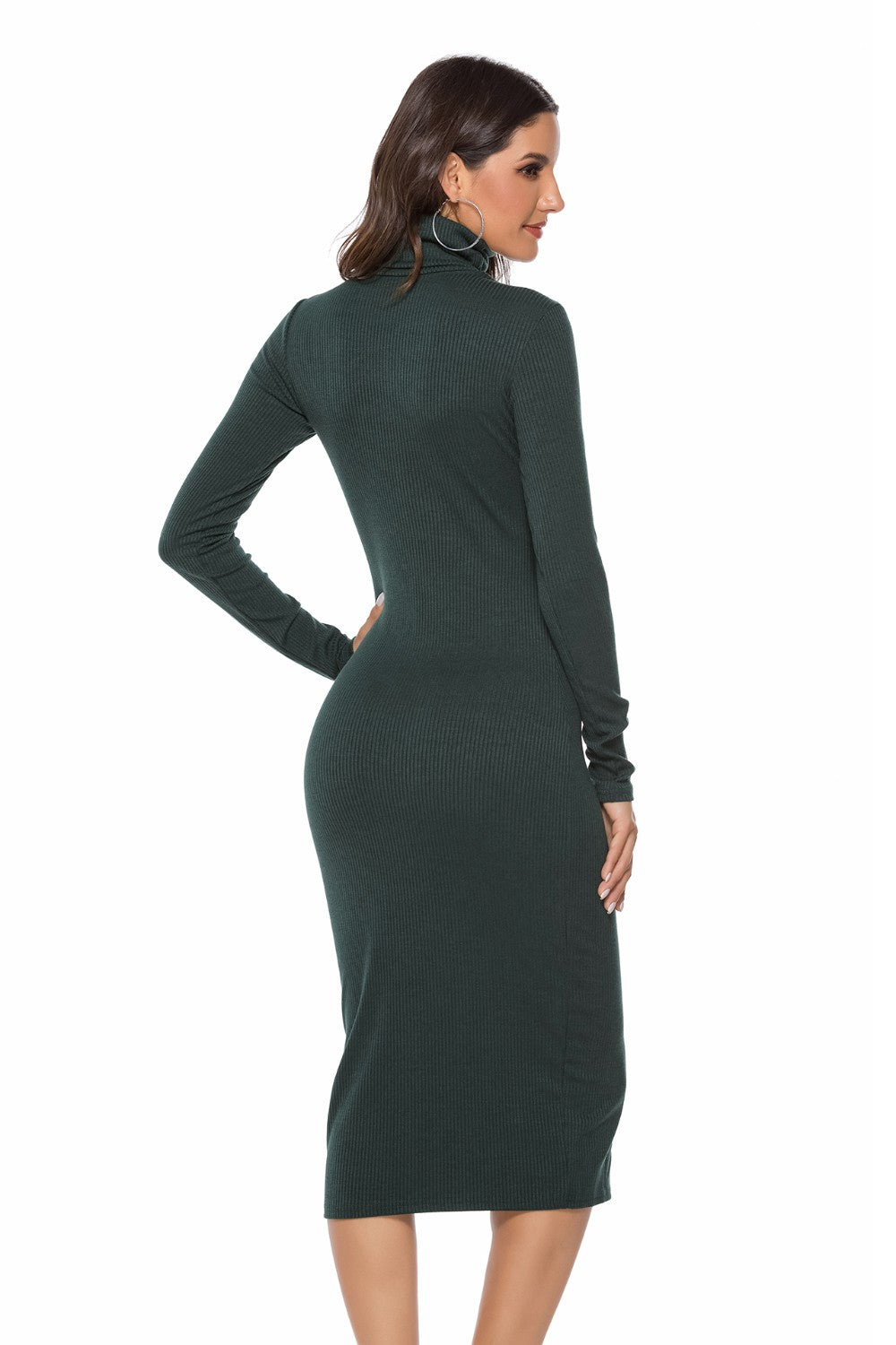 Ribbed Turtleneck Long Sleeve Dress - AMIN Clothing 